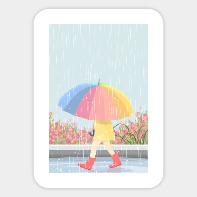 Lovely Girl With Umbrella In Rain Day Sticker by MariaStore